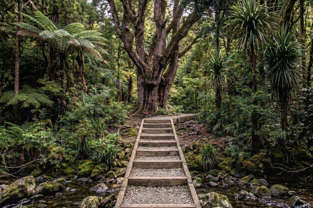 A quiet path winding through a calm, light-filled forest